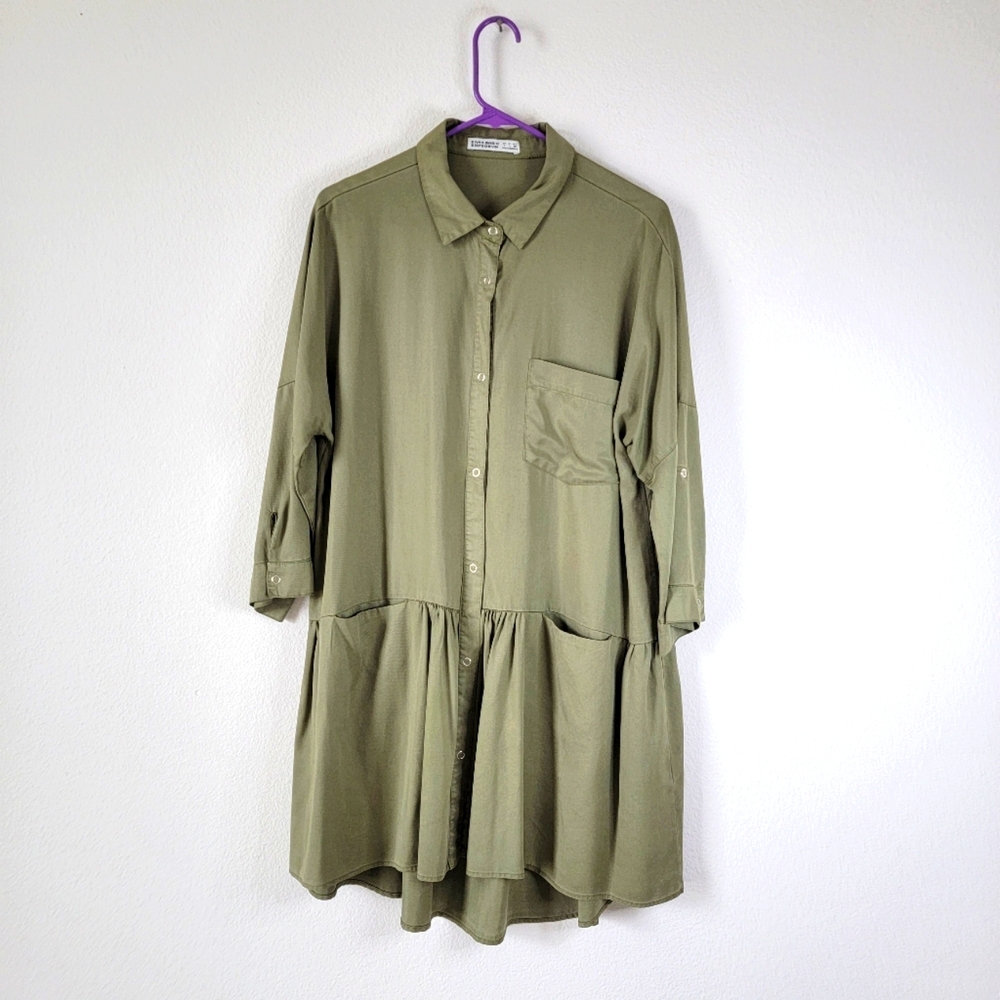 EUC - Zara Basic Z1975 Denim - Olive Green Tunic Shirt Mini Dress Size L